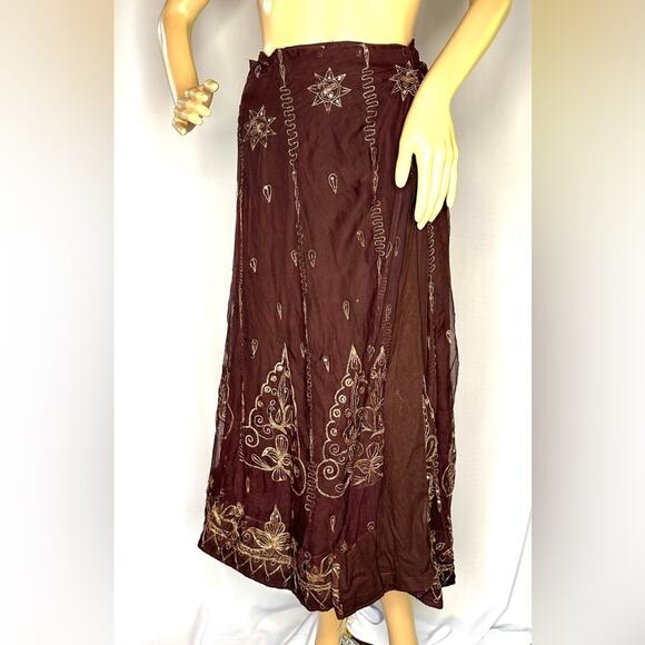 New Juliet Dunn Gold Embroidered Brown Indian Skirt – Adjustable Tie Waist - Picture 1 of 5